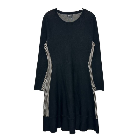 DKNY Women's Black Chevron Fit & Flare A Line Long Sleeve Sweater Dress Sz Small - Picture 1 of 5